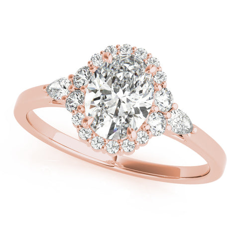 Rose gold Oval Halo Diamond Ring with Pear Side Stones and Prong Setting on a Classic Band