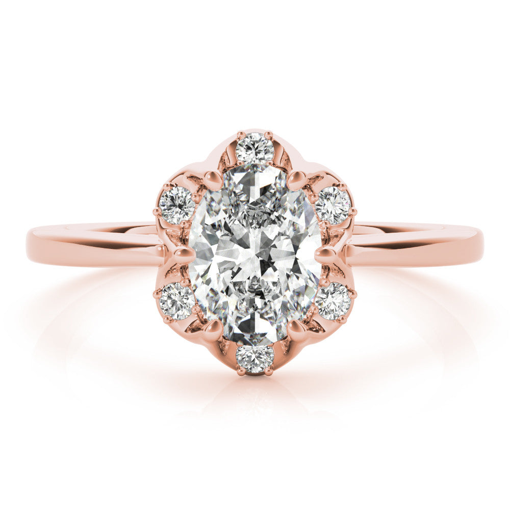 Rose gold Oval Halo Diamond Ring with Round Cluster Setting, Solitaire Band, and Four-Prong Setting 1