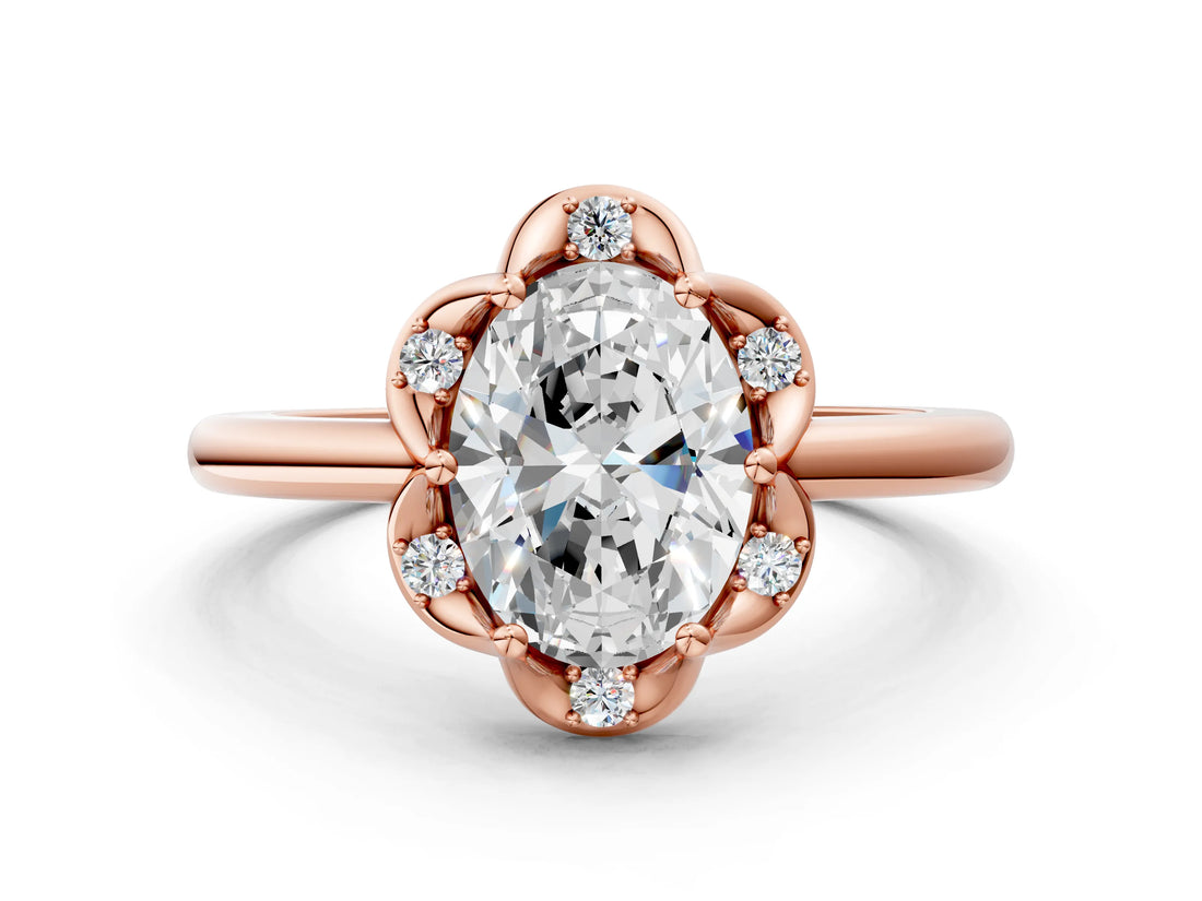 Rose gold Oval Halo Diamond Ring with Round Cluster Setting, Solitaire Band, and Four-Prong Setting_71