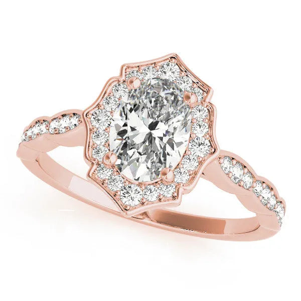Rose gold Oval Halo Diamond Ring with Scalloped Band and Four-Prong Setting