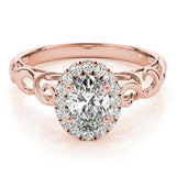 Rose gold Oval Halo Diamond Ring with Scrollwork Band and Four-Prong Setting 1