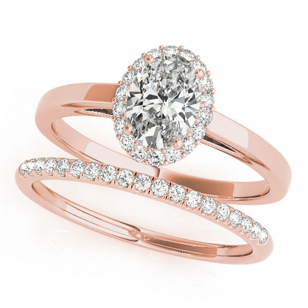 Rose gold Oval Halo Diamond Ring with Solitaire Band and Prong Setting 1