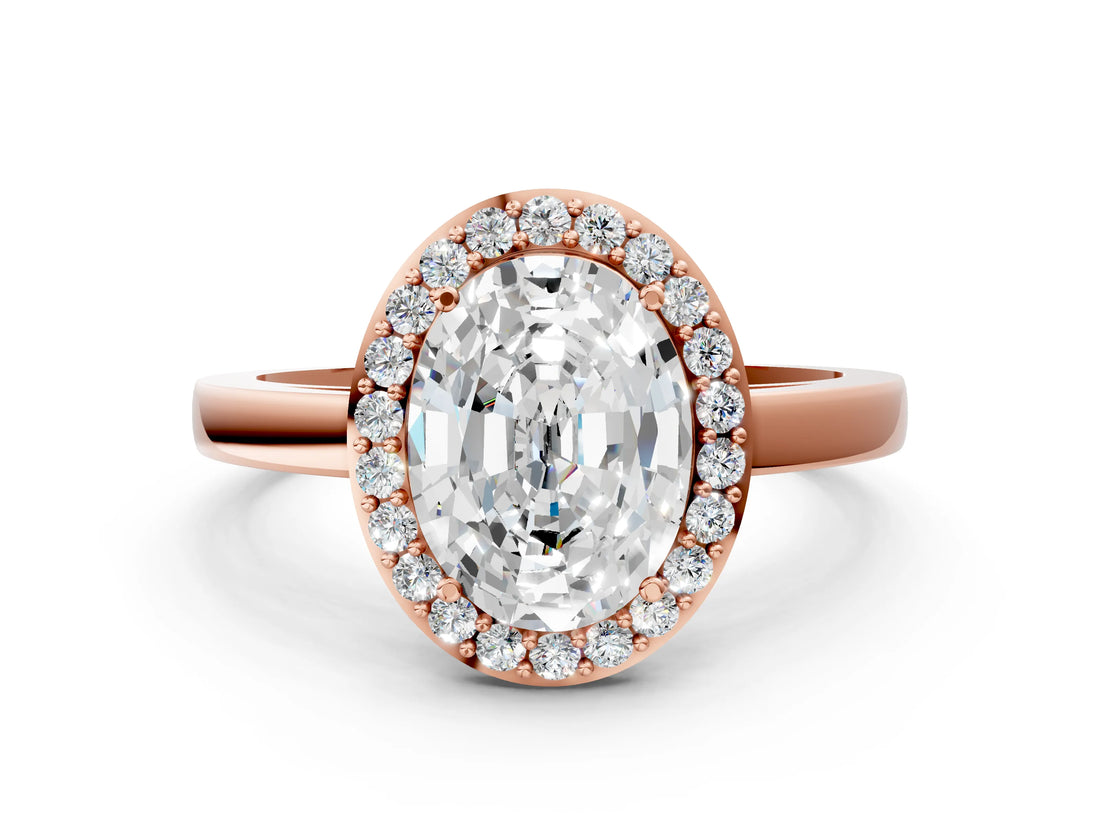 Rose gold Oval Halo Diamond Ring with Solitaire Band and Prong Setting_3