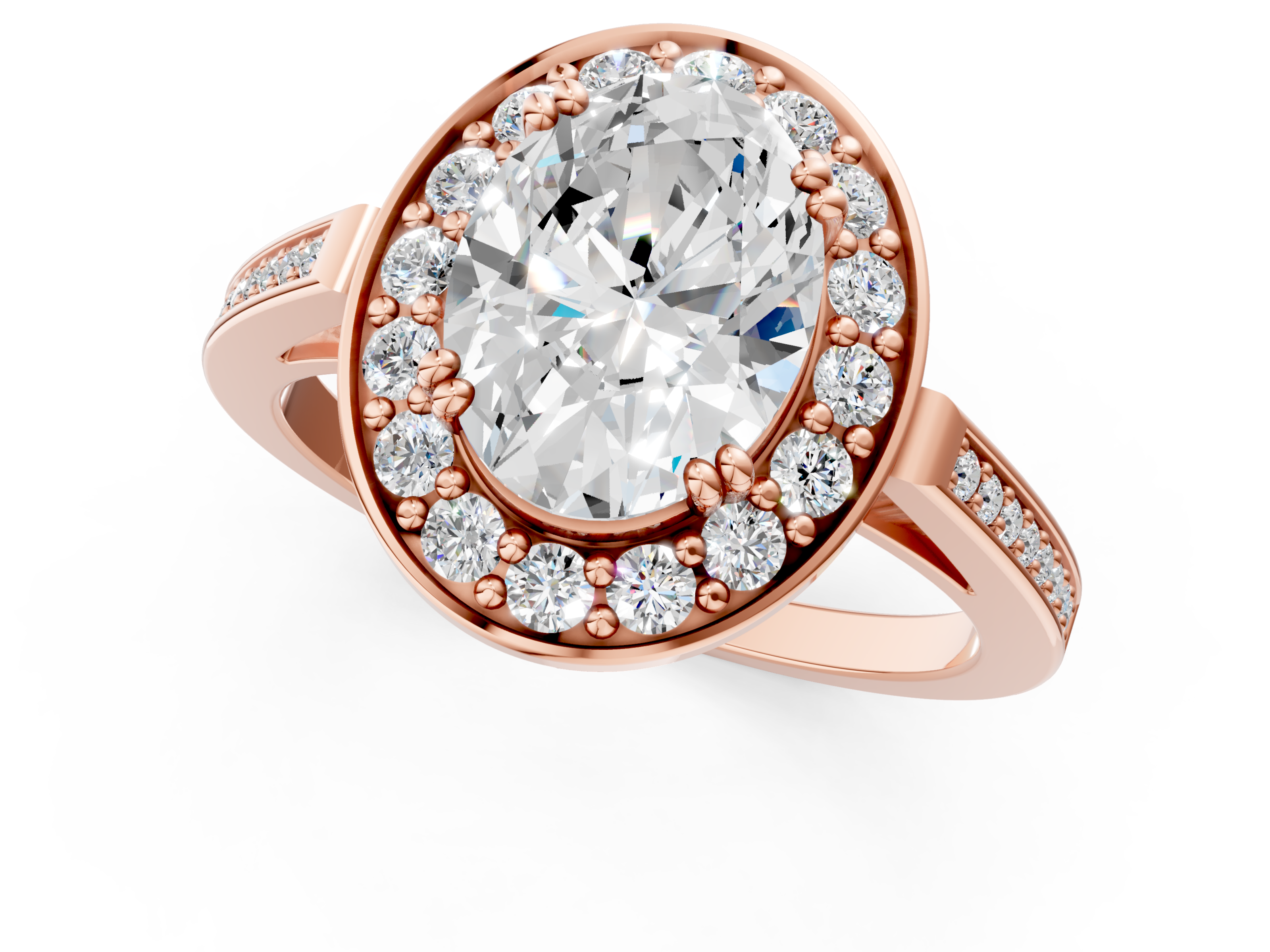Rose gold Oval Halo Diamond Ring with Split Shank and Four-Prong Setting_62