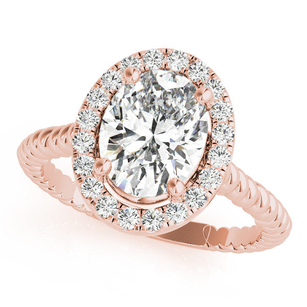 Rose gold Oval Halo Diamond Ring with Twisted Band and Four-Prong Setting