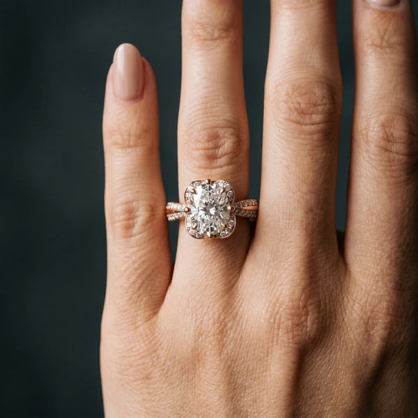 Rose gold Oval Halo Diamond Split Shank Ring with Four-Prong Setting