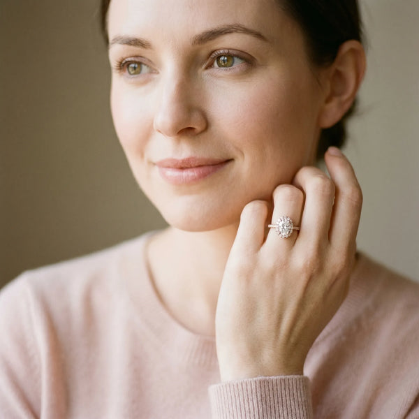 Rose gold Oval Halo Diamond Split Shank Ring with Four-Prong Setting