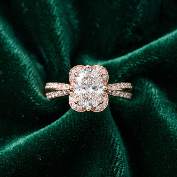 Rose gold Oval Halo Diamond Split Shank Ring with Four-Prong Setting