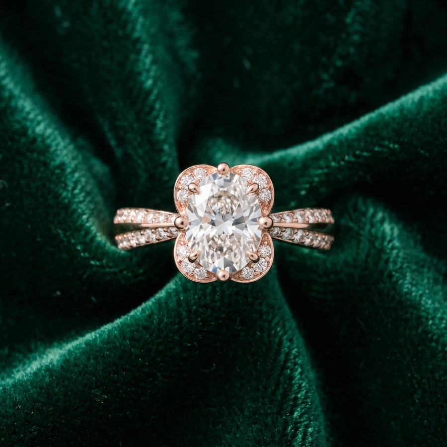 Rose gold Oval Halo Diamond Split Shank Ring with Four-Prong Setting