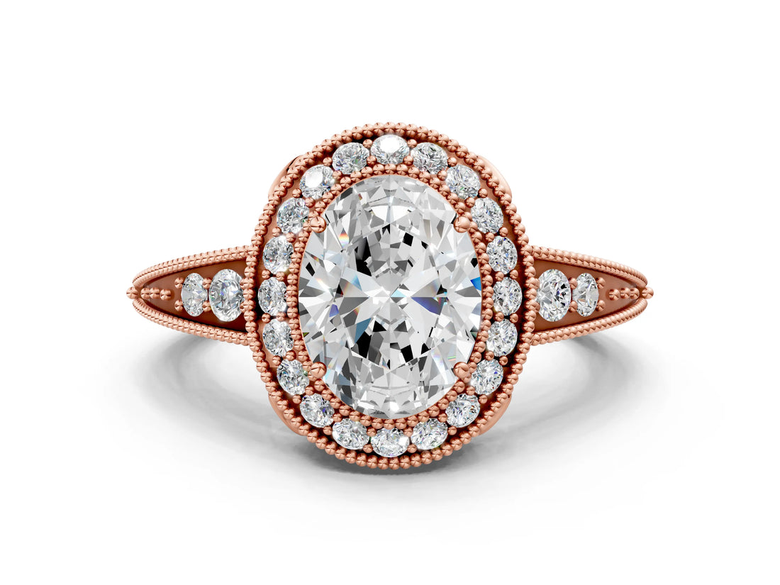 Rose gold Oval Halo Diamond Split Shank Ring with Milgrain Detail_49