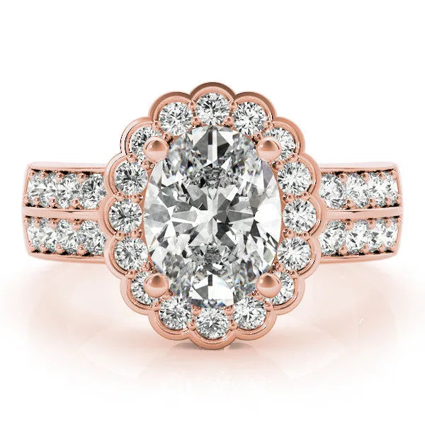 Rose gold Oval Halo Diamond Split Shank Ring with Scalloped Prong Setting