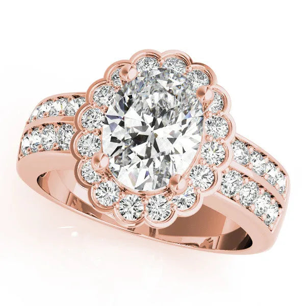 Rose gold Oval Halo Diamond Split Shank Ring with Scalloped Prong Setting