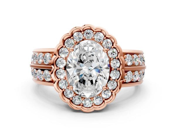 Rose gold Oval Halo Diamond Split Shank Ring with Scalloped Prong Setting