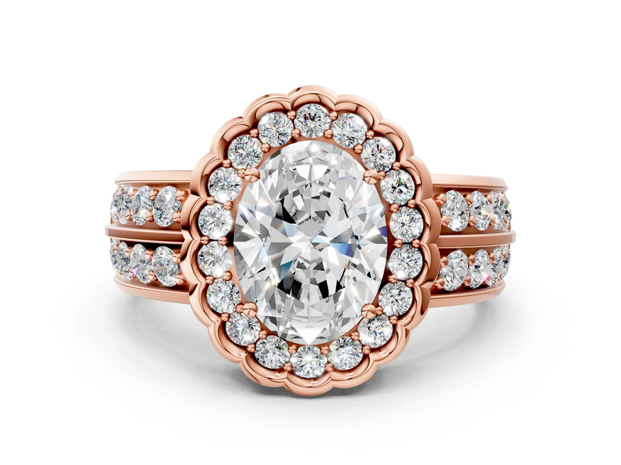 Rose gold Oval Halo Diamond Split Shank Ring with Scalloped Prong Setting