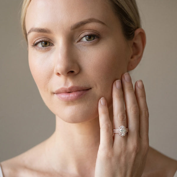 Rose gold Heart Cut Halo Diamond Split Shank Ring with Scalloped Prong Setting