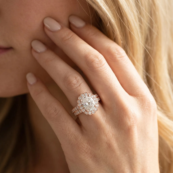 Rose gold Heart Cut Halo Diamond Split Shank Ring with Scalloped Prong Setting