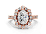 Rose gold Oval Halo Milgrain Pave Diamond Ring with Four-Prong Setting