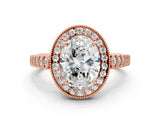 Rose gold Oval Halo Milgrain Solitaire with Bezel Set Side Stones and Pave Band_32
