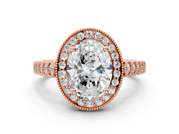 Rose gold Oval Halo Milgrain Solitaire with Bezel Set Side Stones and Pave Band