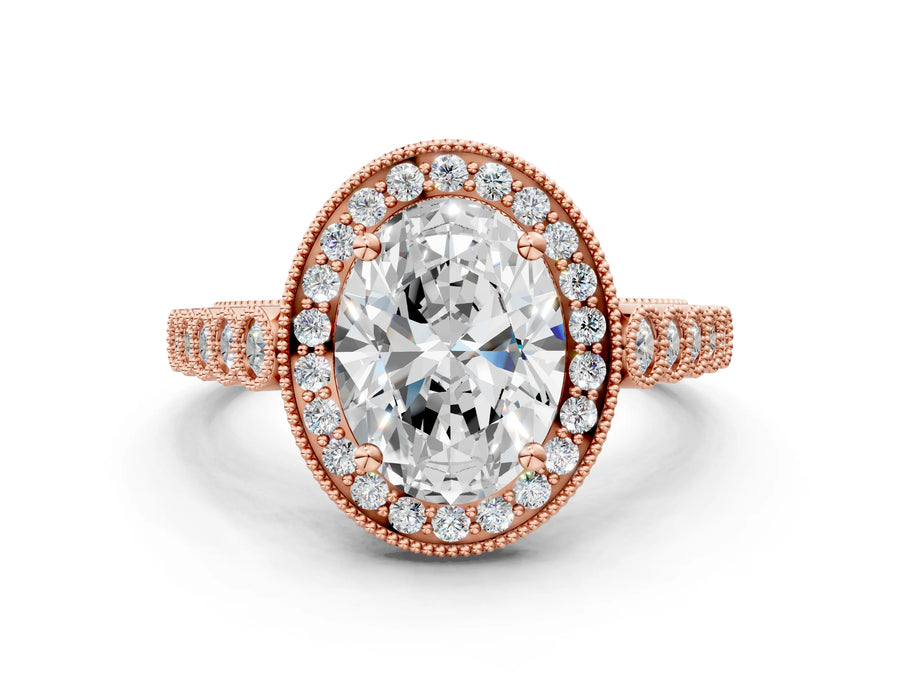 Rose gold Oval Halo Milgrain Solitaire with Bezel Set Side Stones and Pave Band