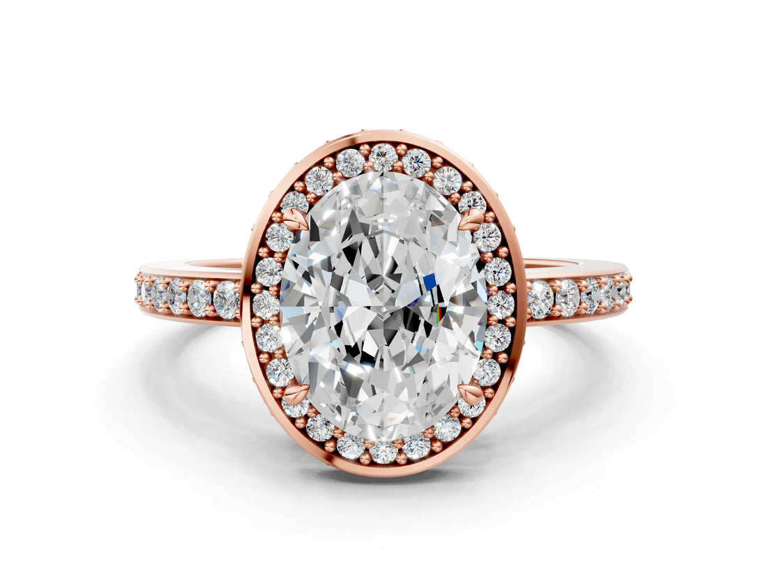 Rose gold Oval Halo Pave Band Solitaire Ring with Prong Setting_62
