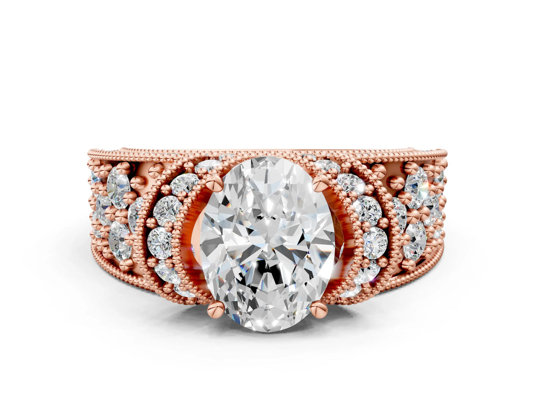 Rose gold Oval Halo Pave Diamond Engagement Ring with Milgrain Detailing_49