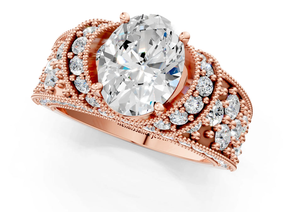 Rose gold Oval Halo Pave Diamond Engagement Ring with Milgrain Detailing