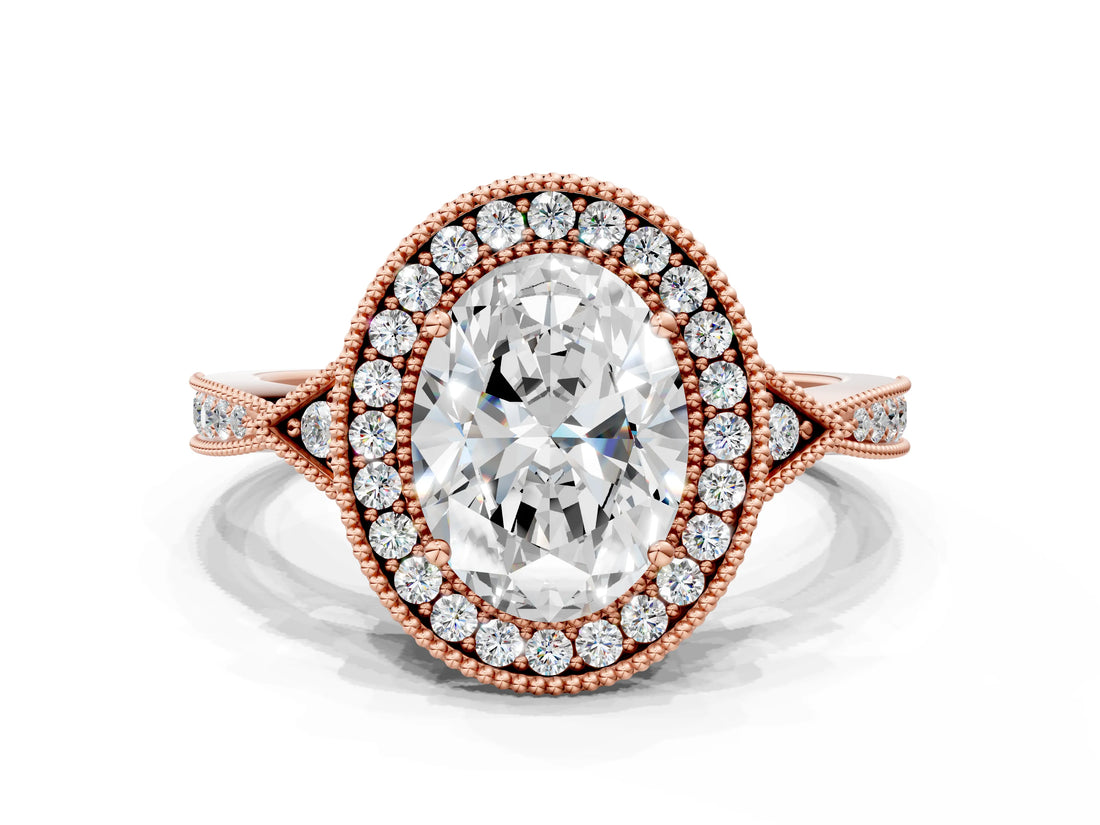Rose gold Oval Halo Round Diamond Milgrain Pave Engagement Ring_9