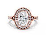 Rose gold Oval Halo Round Diamond Milgrain Pave Engagement Ring_9