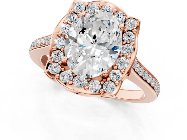 Rose gold Oval Halo Round Diamond Pave Band with Four-Prong Setting