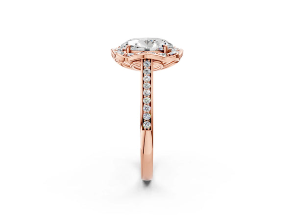Rose gold Oval Halo Round Diamond Pave Band with Four-Prong Setting