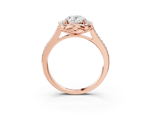 Rose gold Oval Halo Round Diamond Pave Band with Four-Prong Setting