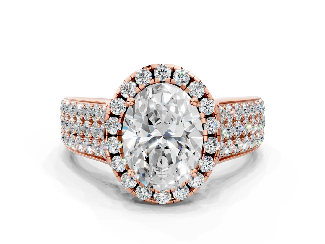 Rose gold Oval Halo Round Diamond Pave Band with Prong Setting