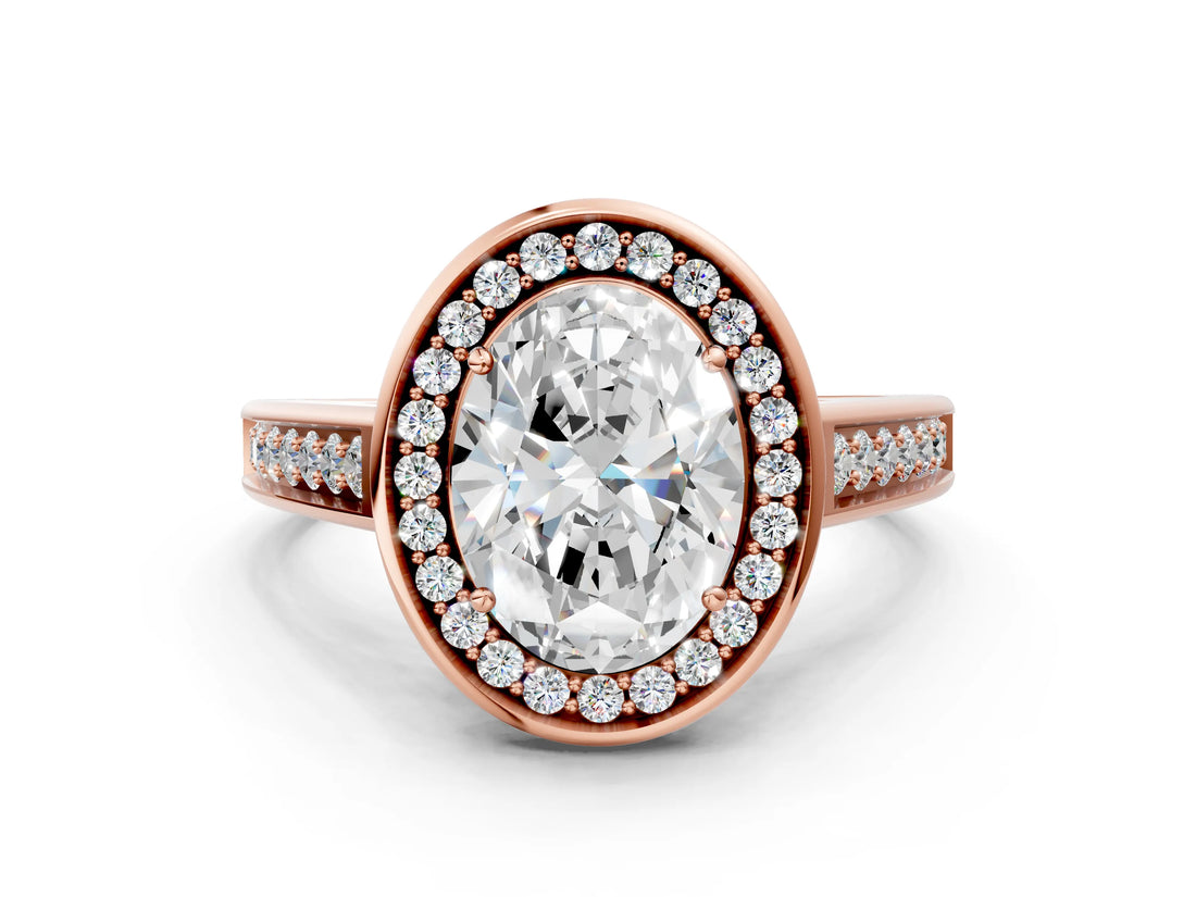 Rose gold Oval Halo Solitaire Diamond Ring with Pave Band and Bezel Setting_49