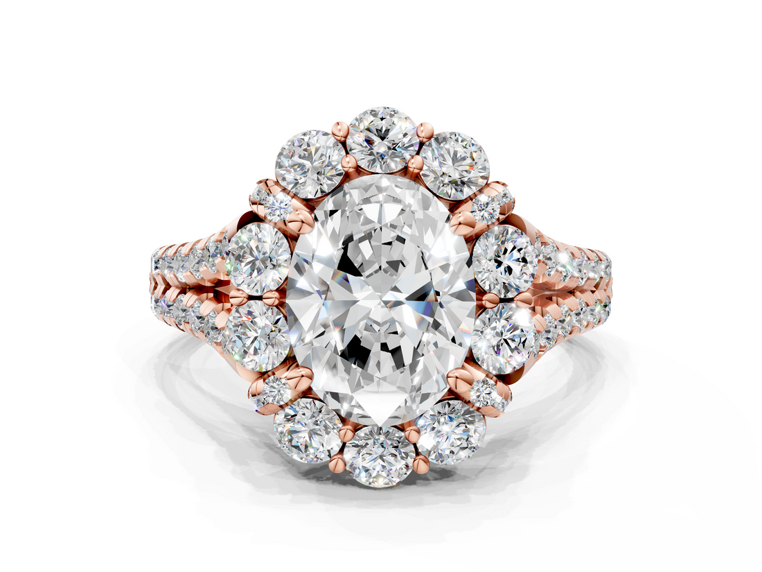 Rose gold Oval Halo Split Shank Diamond Engagement Ring with Pave Band and Four-Prong Setting_54