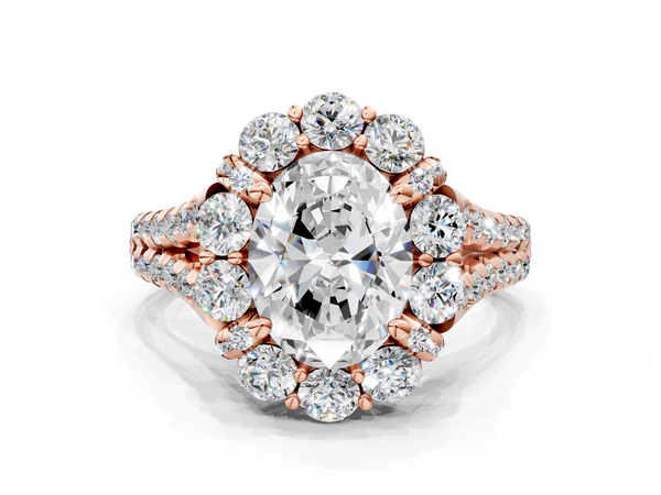 Rose gold Oval Halo Split Shank Diamond Engagement Ring with Pave Band and Four-Prong Setting