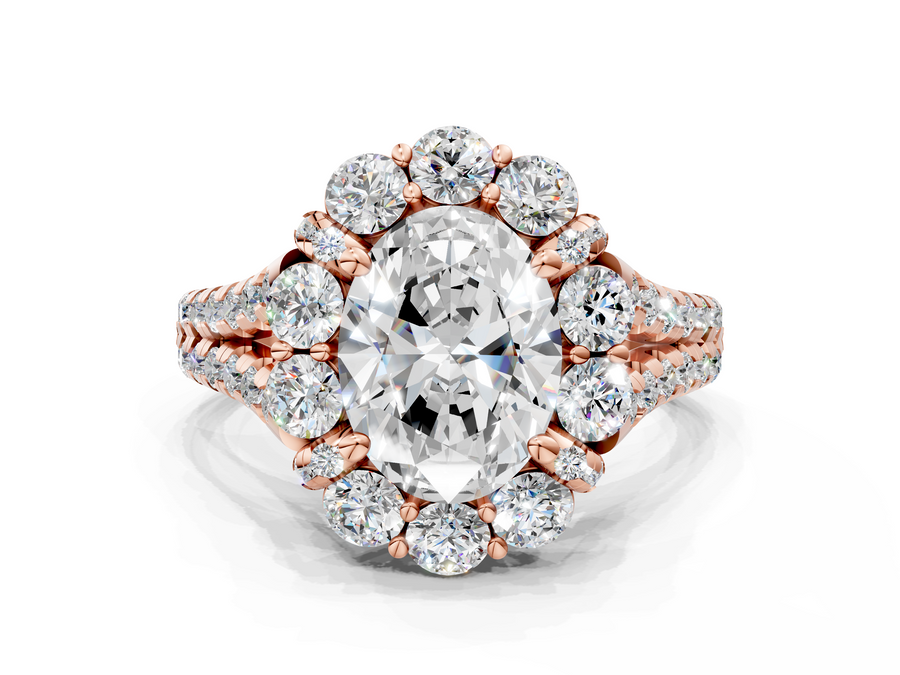 Rose gold Oval Halo Split Shank Diamond Engagement Ring with Pave Band and Four-Prong Setting