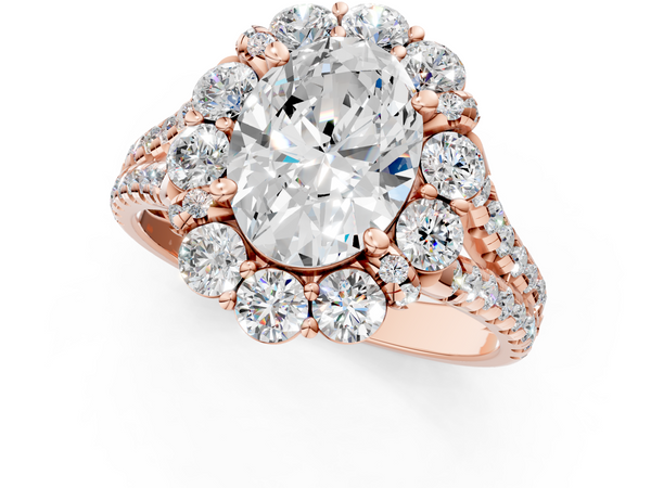 Rose gold Oval Halo Split Shank Diamond Engagement Ring with Pave Band and Four-Prong Setting