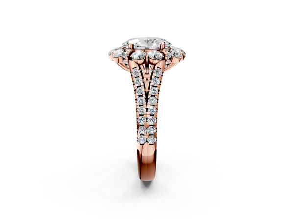 Rose gold Oval Halo Split Shank Diamond Engagement Ring with Pave Band and Four-Prong Setting