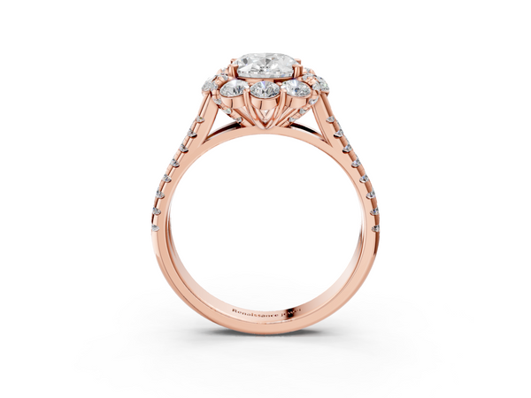 Rose gold Oval Halo Split Shank Diamond Engagement Ring with Pave Band and Four-Prong Setting