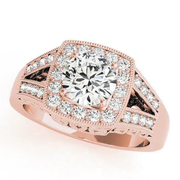 Rose gold Oval Halo Split Shank Diamond Ring with Milgrain Prong Setting