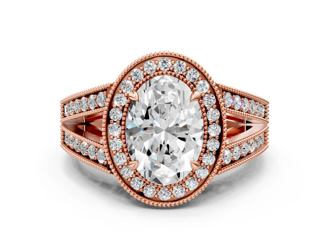 Rose gold Oval Halo Split Shank Diamond Ring with Milgrain Prong Setting_6