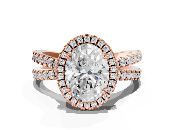 Rose gold Oval Halo Split Shank Diamond Ring with Pavé Setting