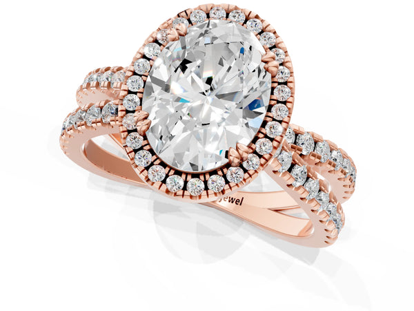 Rose gold Oval Halo Split Shank Diamond Ring with Pavé Setting