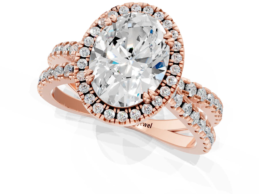 Rose gold Oval Halo Split Shank Diamond Ring with Pavé Setting
