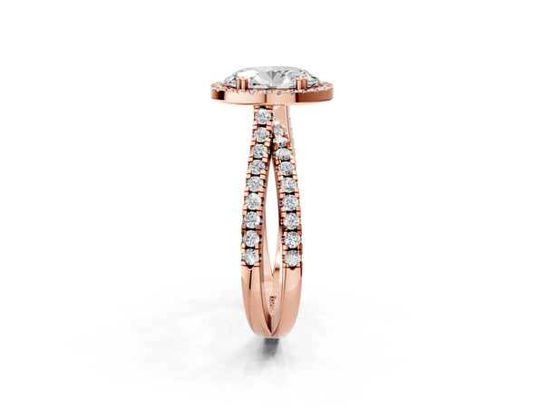 Rose gold Oval Halo Split Shank Diamond Ring with Pavé Setting