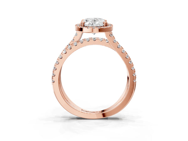 Rose gold Oval Halo Split Shank Diamond Ring with Pavé Setting