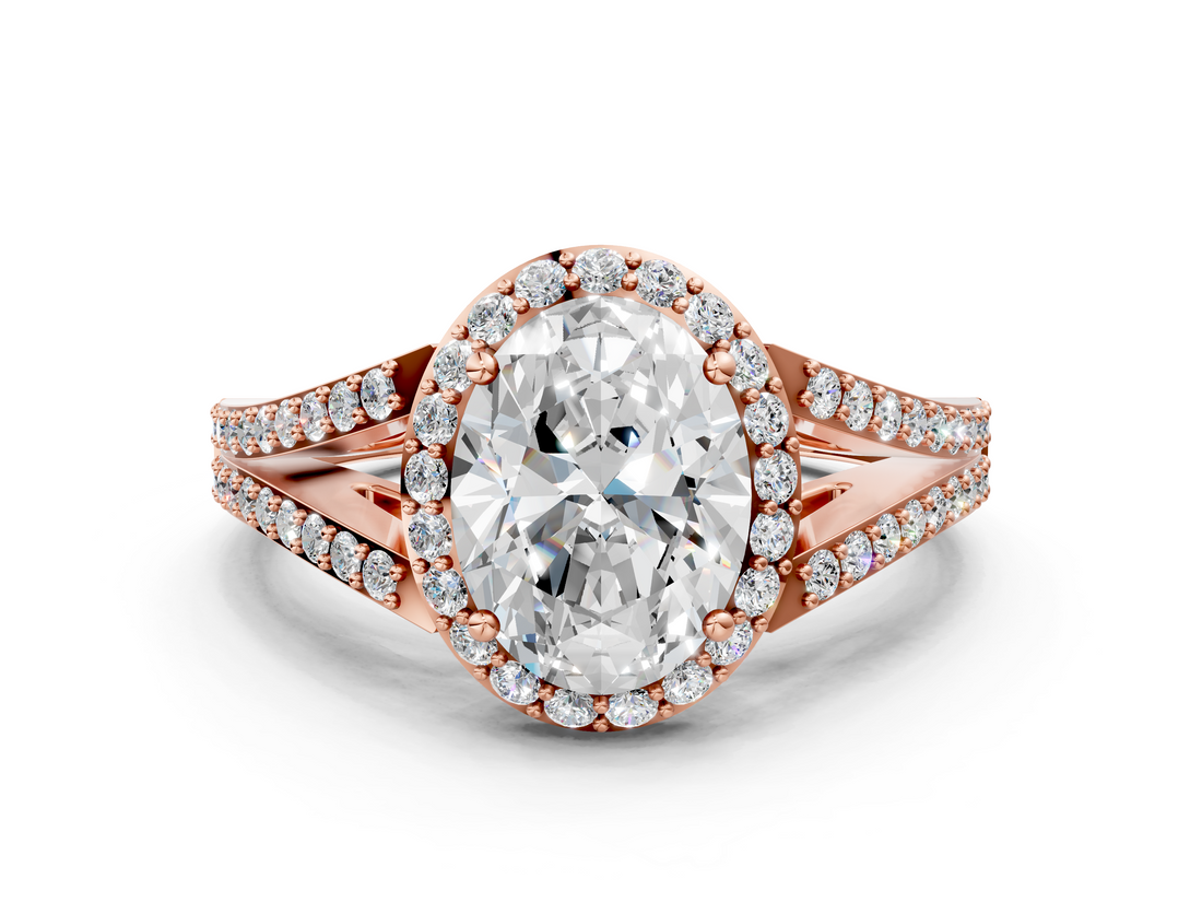 Rose gold Oval Halo Split Shank Diamond Ring with Prong Setting_20