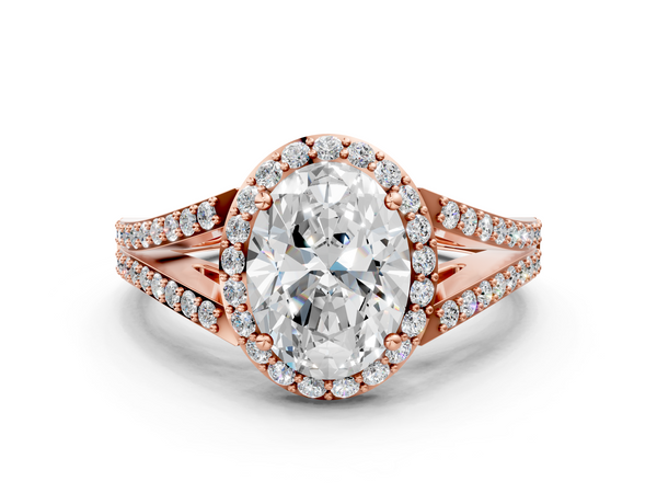 Rose gold Oval Halo Split Shank Diamond Ring with Prong Setting