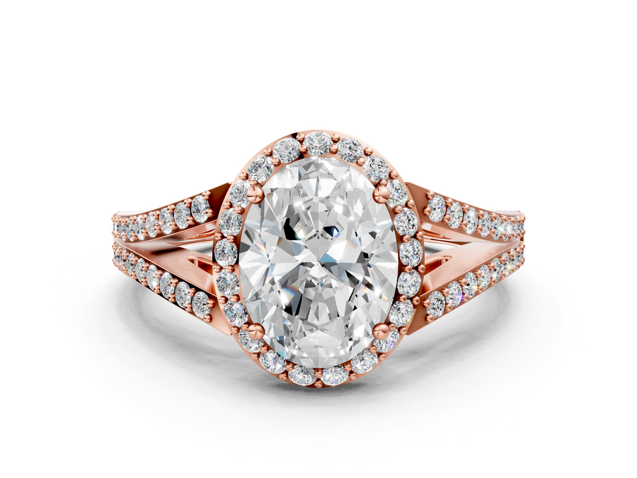 Rose gold Oval Halo Split Shank Diamond Ring with Prong Setting